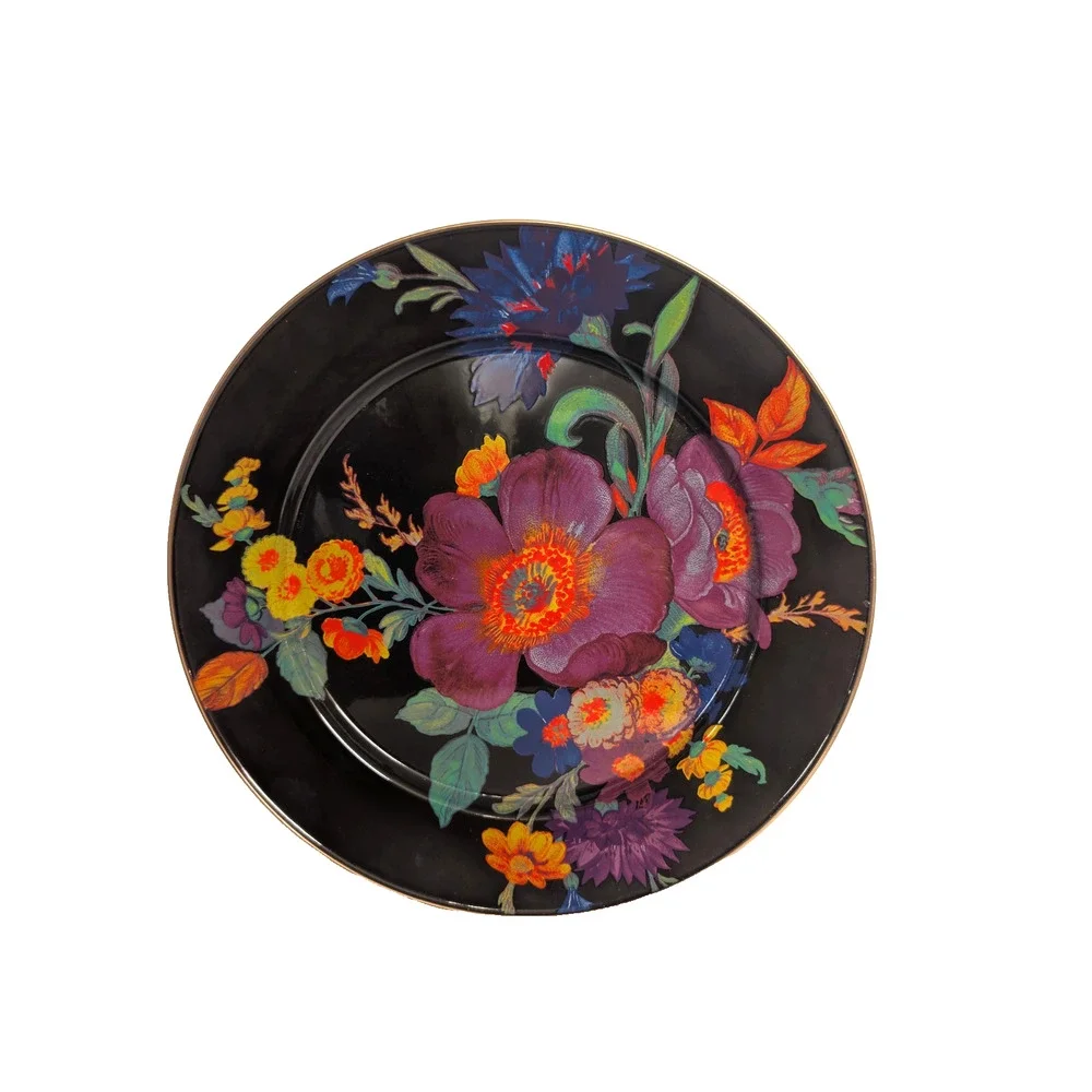 MacKenzie Childs Black Flower Market Enamel Charger Plates 12 inch, Set of 4